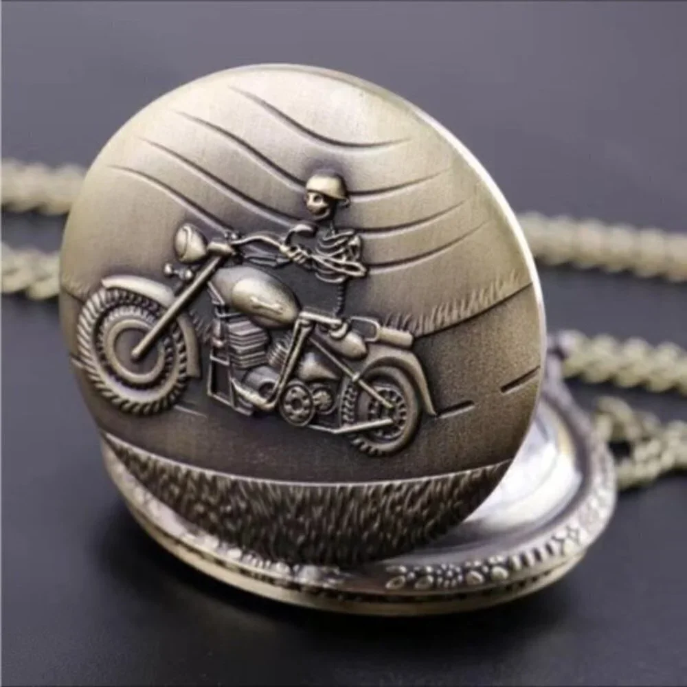 Pocket Watch Motorcycle Skeleton Biker Steampunk Chain Quartz Analog Retro Gift